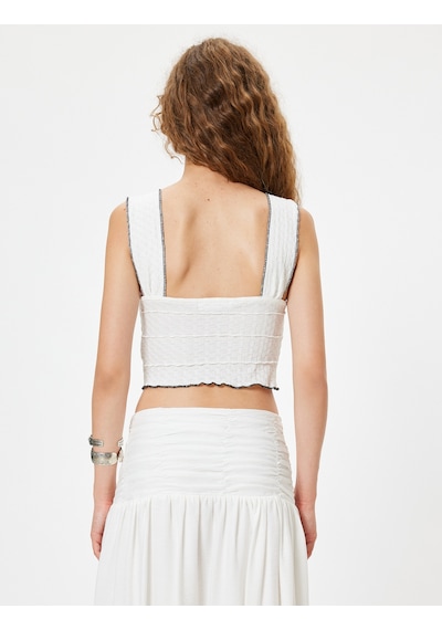 Koton Fiyonklu Crop Üst Kalın Askılı Bürümcük Kare Yaka Slim Fit Ekru 4sal30304ık Ekru