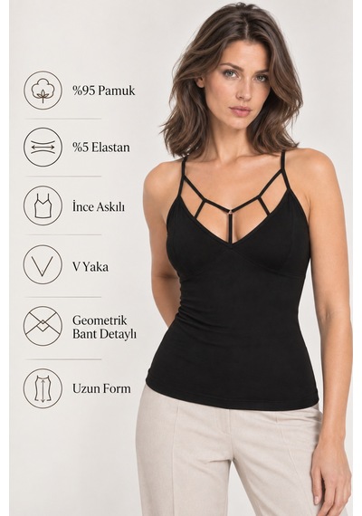 Loule Kadın 2'li V Yaka Çapraz Askılı İnce Askılı Atlet Siyah %95 Pamuk