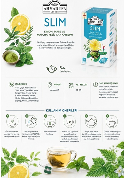 Slim Limon, Mate Ve Matcha 3 Paket Yeşil Çay Karışımı 20' Li Ve Oda Kokusu