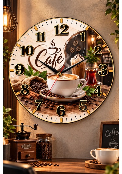 Kahve Cafe Temalı Duvar Saati 45 Cm Kahve Dükkanı Kafe Mutfak Uv Baskı Sessiz Akar Mekanizma 921 Çok Renkli