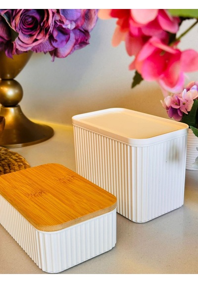 Makri Home İkili Bambu Kapaklı Dikdörtgen Saklama Ve Beslenme Kutusu, 0,5 Litre Ve 1 Litre Hacminde 2 Adet Kutu Krem