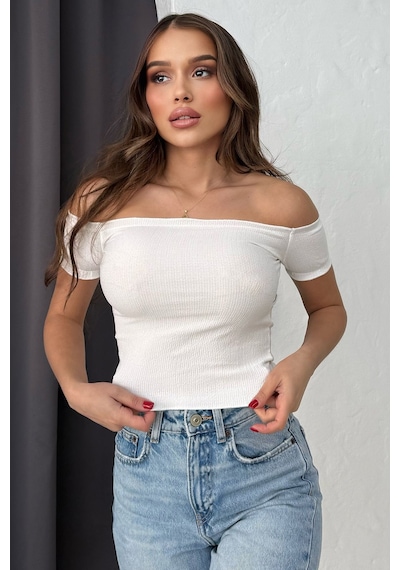 Lesa Wear Soft Touch Kayıkçı Yaka Dekolteli Basic Crop Bluz Beyaz