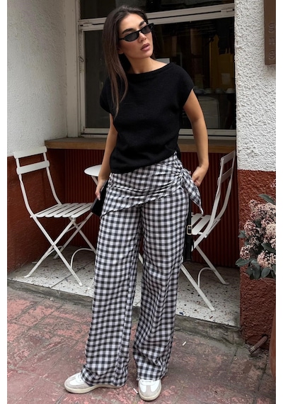 Madmext Siyah Fularlı Ekose Pantolon Mg2734