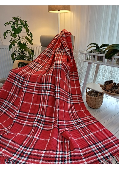 Çift Kişilik Skoç Battaniye 180 220cm Kırmız-beyaz Kırmızı