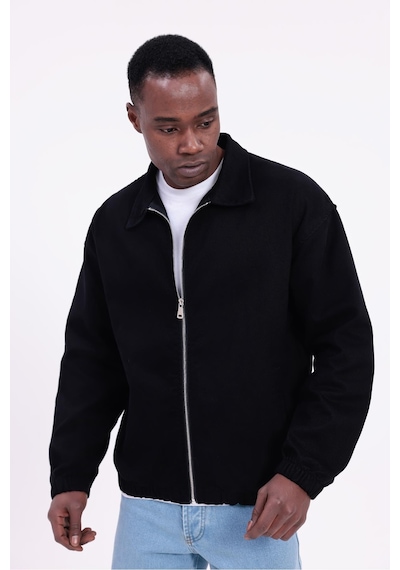 Freemen Erkek Basic Gabardin Kumaş Fermuarlı Oversize Mevsimlik Polo Yaka Ceket Siyah