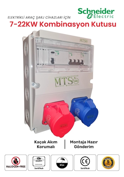 22kw + 7.4kw Schneider Kombinasyon Kutusu 5x32a + 3x32a + 220v Kaçak Akım Röleli Tesla Togg Uyumlu 22kw - 7.4kw