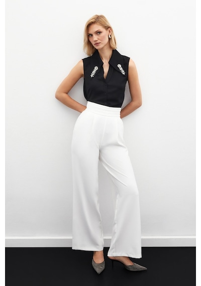 Sateen Bel Detaylı Cepli Pantolon - Ekru