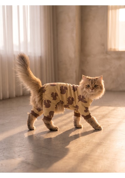 Fındıkkıran Kedi Tulumu Sincap Desenli Sarı Kalın Penye Kedi Pijaması