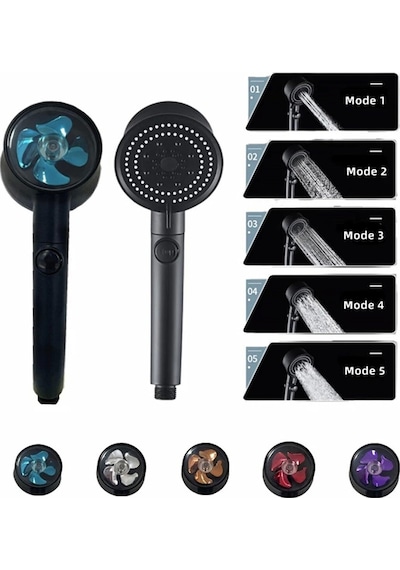 Turbo Pervaneli 5 Fonksiyonlu Duş Başlığı + Mafsal + Duş Hortumu 150 CM Set Siyah
