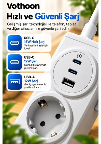 4 Lü Çoklu Priz Kolay Fiş Çıkarma Mandallı, 15w Type-c & Usb Hızlı Şarj Krem 2 M