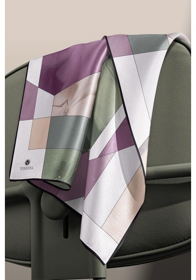 Vissona %100 Twill İpek Geometrik Desenli Gül Kurusu - Haki Renkli 90x90 Eşarp Dikim Şekli : El Dikişi Çok Renkli