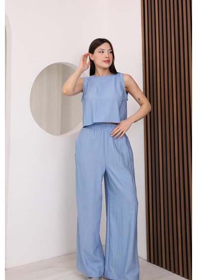 Famoda Mavi Sırtı Çapraz Bağcıklı Crop Bluz & Yüksek Bel Palazzo Pantolon Alt Üst Takım