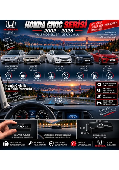 Honda Civic 2002-2026 Modeller İçin Head Up Display Hayalet Gösterge Ekranı Ön Cam Hız Göstergesi
