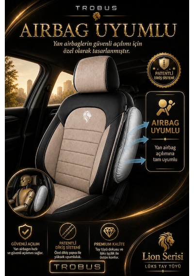 Renault R9 Broadway 1990-2000 Uyumlu Lion Serisi Tay Tüyü Bej Siyah Bej Premium Koltuk Kılıfı