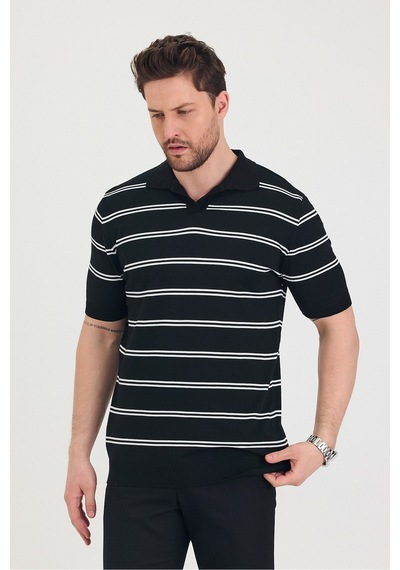 Cool Tarz Erkek Polo Yaka Beyaz Çift Çizgi Detaylı Siyah Triko T-shirt Siyah Siyah