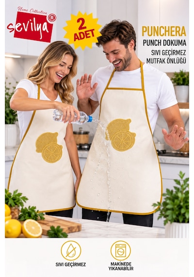 Punchera 2li Paket Punch Nakışlı Sıvı Su Geçirmez Mutfak Önlüğü Limon