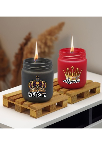 Bk Gift Kişiye Özel Dtf Kral Kraliçe Tacı 2 Li Siyah Ve Kırmızı Renkli Cam Kavanozda Kokulu Mum-1, Arkadaşa Hediye, Sevgiliye Hediye