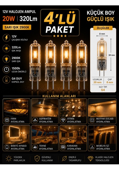 4 Adet Osaka 12volt 20w Sarı Işık G4 Duylu Dim Edilebilir Halojen Kapsül Ampul