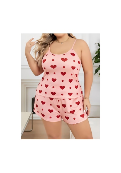Lily Bianca Nightwear Desenli Askılı Ve Şortlu Büyük Beden Penye Gecelik Turuncu
