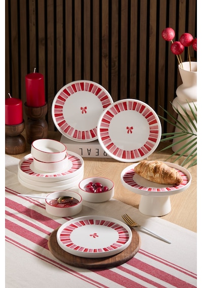 Handmade 11 Parça Ribbon Ayaklı Sunum Standlı Kahvaltı Takımı - Kurdelalı Kahvaltı Takımı Pembe Beyaz