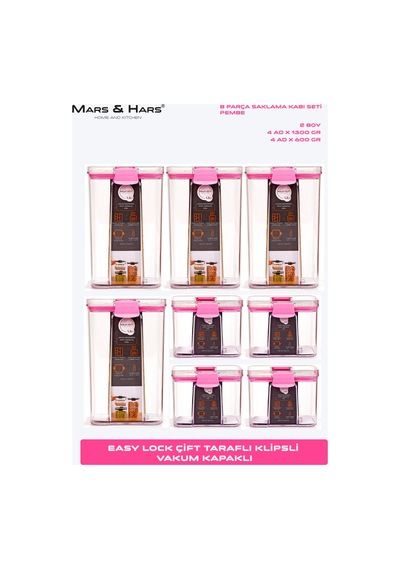 8'li Sızdırmaz, Çift Kilit Klipsli, Vakum Kapaklı, Erzak, Baharat Saklama Kabı 4 Orta +4 Küçük Pembe