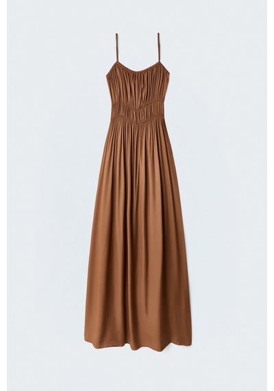 Sateen Askılı Uzun Elbise - Kahve-137493