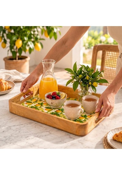 Tr Mango Ağacı Dikdörtgen Servis Tepsisi, 40 X 28 X 4,70 Cm Limon Desenli Ahşap Sunum Tepsisi, Yüksek Kenarlı Kahv