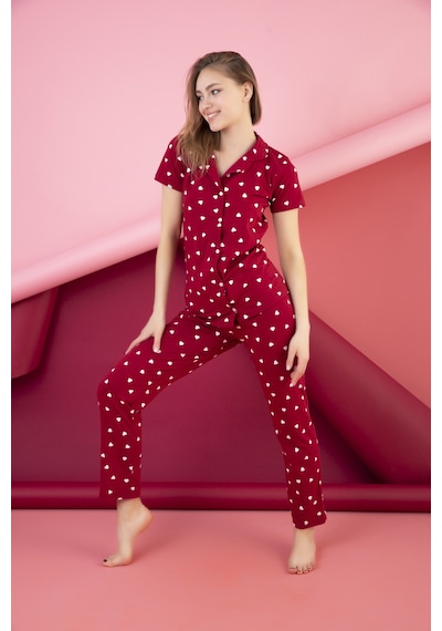 Kadın Düğmeli Desenli Pijama Takımı Bordo 1974 Waynap Bordo
