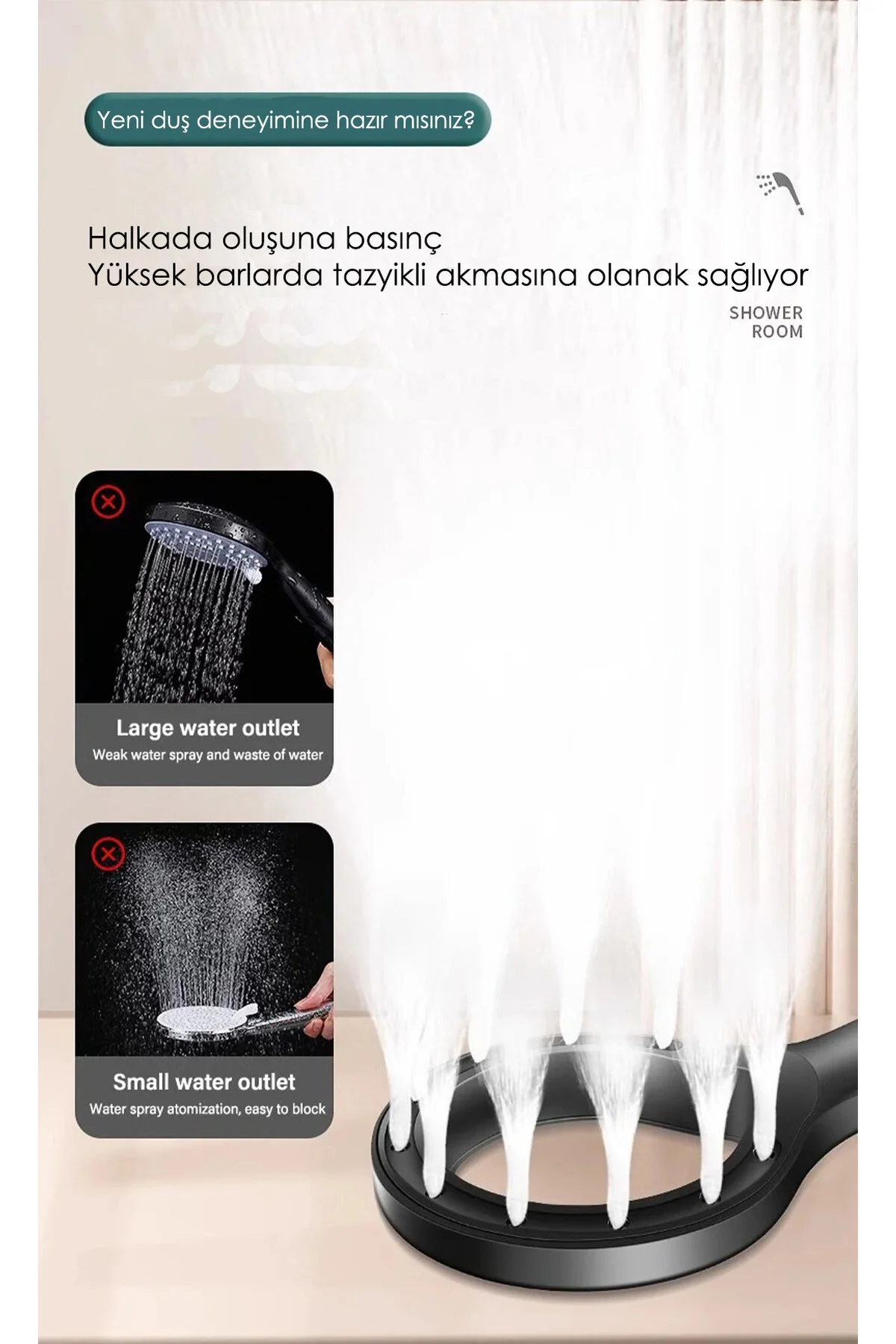 Super Sonic Siyah 3'lü Duş Seti Turbo Su Tasarruflu Basınçlı Duş Başlığı 150cm Duş Hortumu Ve Askı
