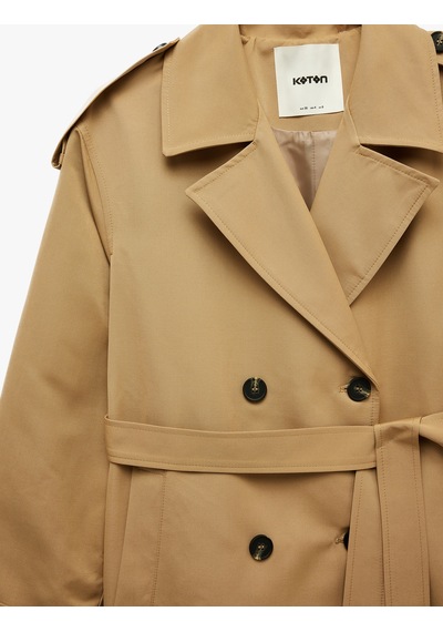 Koton Uzun Kollu Kemerli Çift Cepli Oversize Gabardin Kruvaze Trençkot Bej 7wak00236ew Ekru