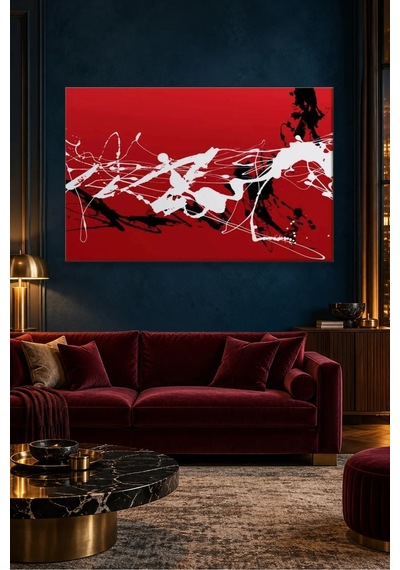 Fida Kırmızı Zeminde Beyaz Ve Siyah Damlatma Canvas Tablo