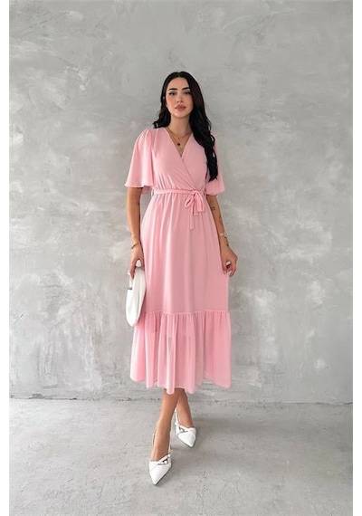 Dipmoda Kadın Kruvaze Yaka Kuşaklı Şifon Elbise Dpnbk4115 Pembe