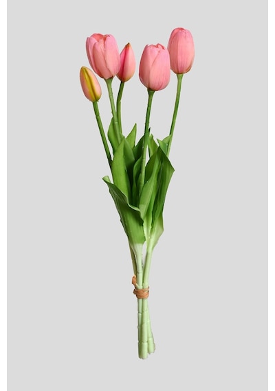 Pembe Yapay Tulipa Lale Çiçeği Buketi 5 Dallı Premium Canlı Islak Dokulu 43 Cm