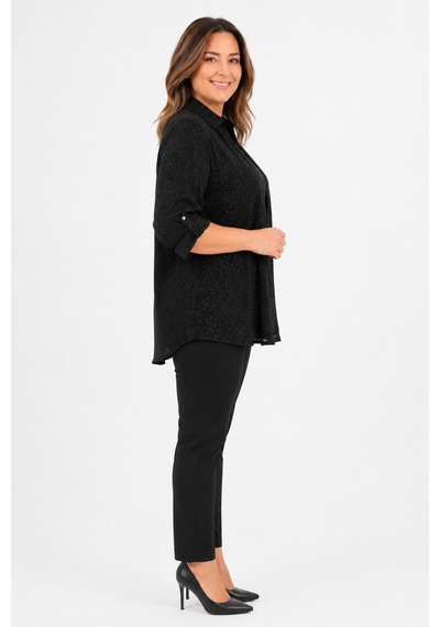 Bihan Store Kadın Apoletli Simli Gömlek Bluz İkili Takım Y26-50132 - Siyah SİYAH