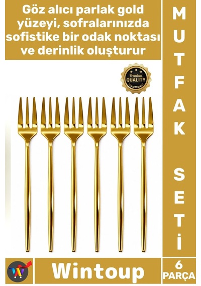 Çatal Paslanmaz Çelik Şık Sunum Modern Lüks Parlak Ergonomik 13 Cm Gold 6 Parça Tatlı Çatalı Seti