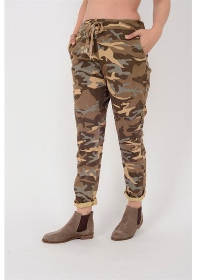 Eren Style Italyan Beli Bağlamalı Kamuflaj Desenli Dar Paça Pantolon-9078 Camel