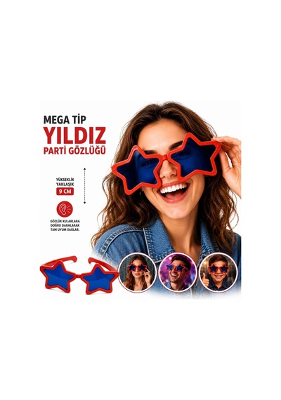 Mega Tip Yıldız Parti Gözlüğü Kırmızı Renk Çok Renkli