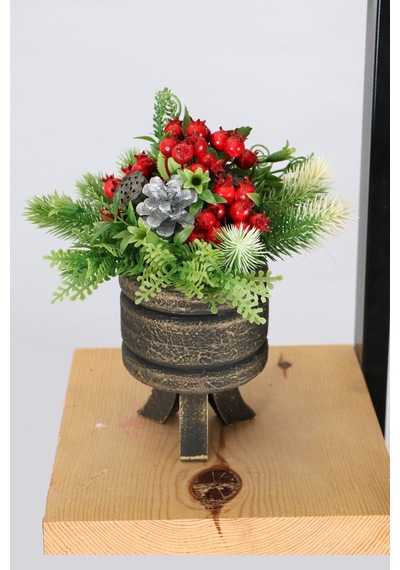 Yapay Çiçek Deposu Vintage Ayaklı Saksıda Yılbaşı Masa Çiçeği Yeni Yıl Süsü 23 Cm
