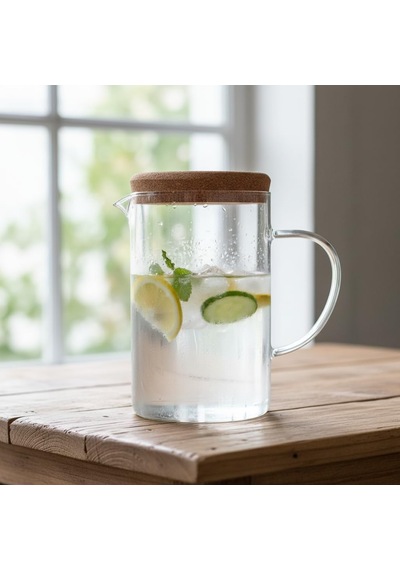 Mantar Kapaklı Borosilikat Cam Sürahi 2 Litre - Isıya Dayanıklı Minimalist Karaf Ve Detoks Şişe