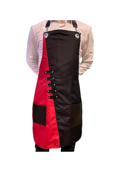 Çift Renkli Askılı Micropolyester Deri Cepli Önlük Cafe Chef Restoran Kuaför Önlük Modeli Kırmızısiyah