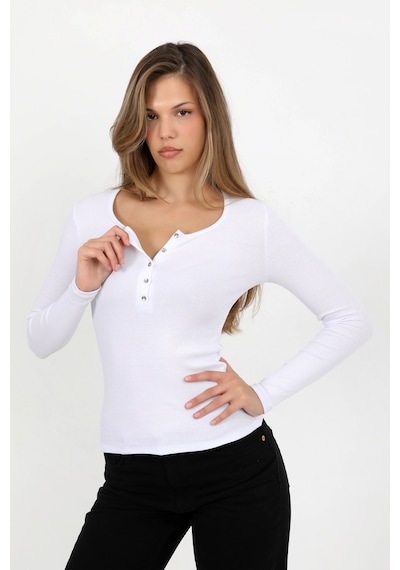 Hdm Kadın Beyaz Uzun Kollu Fitilli Patlı Düğmeli Basic Örme Bluz - H6162