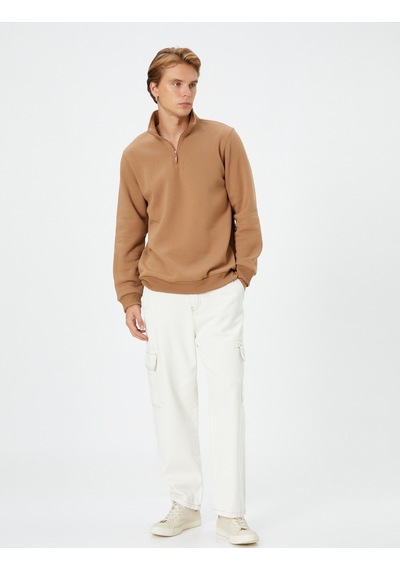 Koton Yarım Fermuarlı Sweatshirt Dik Yaka Uzun Kollu Şardonlu Deve Tüyü 4wam70024mk Taba