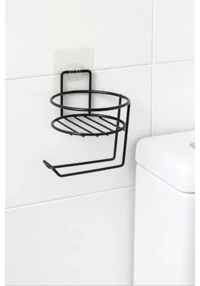 Mat Siyah Metal Yapışkanlı Tuvalet Kağıtlığı - Delmeden Montaj 16.5 x 12.2 x 11.2 CM