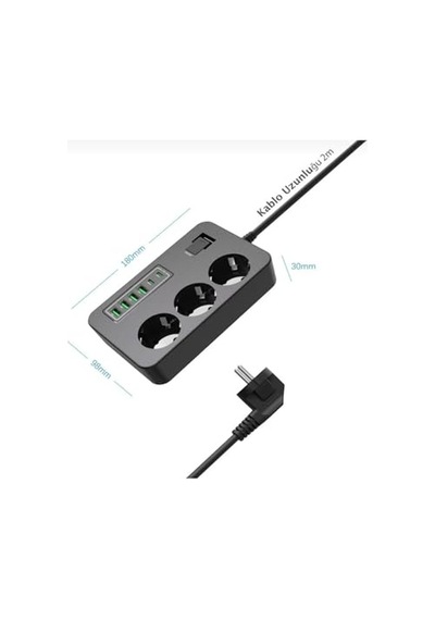 Çoklu Priz 3 Ac Soket + 5 Usb 2 Usb-c, 3 Usb-a - 2 Metre Kablo, Çocuk Korumalı, 3000w Güç, Isıya Dayanıklı, Anahtarlı Uzatma Kablosu