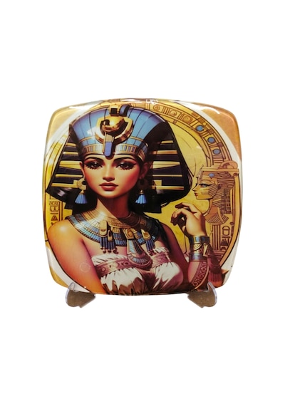 Kleopatra Figürlü Cam Masaüstü Dekoratif Tabak - Antik Mısır Temalı Süs - 22x22 Cm