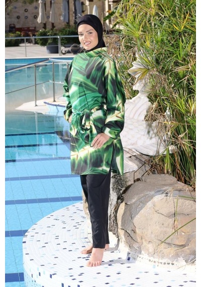Estiva 26968 Siyah Emerald Flow Tam Kapalı Pantolonlu Kuşak Detaylı Tesettür Mayo