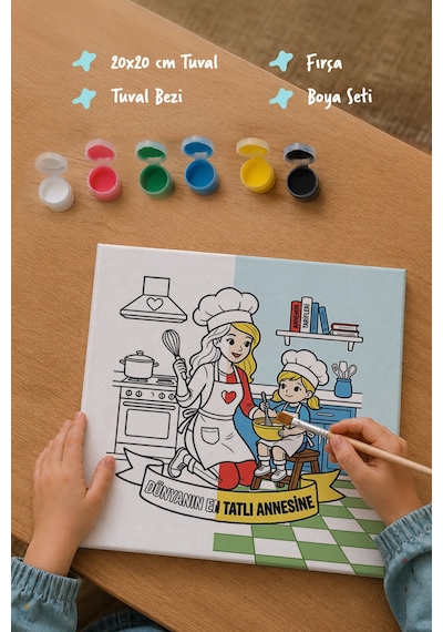 Dünyanın En Tatlı Annesine Temalı Eğitici Boyama Tuvali Şövalesiz Boya Seti 20x20 Cm