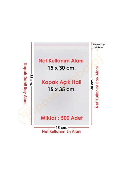 15x30+5 Cm. 15x35 500 Adet Şeffaf Bantlı Yapışkanlı Opp Poşet