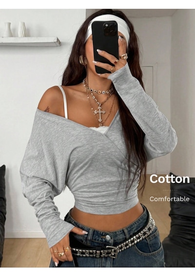 Kadın Gri Kruvaze Yaka Uzun Kollu Crop Bluz Gri