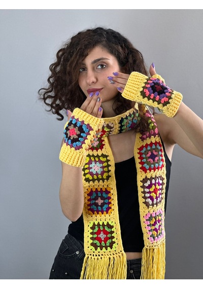 Gönülden Tasarım El Örgüsü Etnik Motif Desenli Atkı Eldiven Set Atkı 180 Cm Sarı